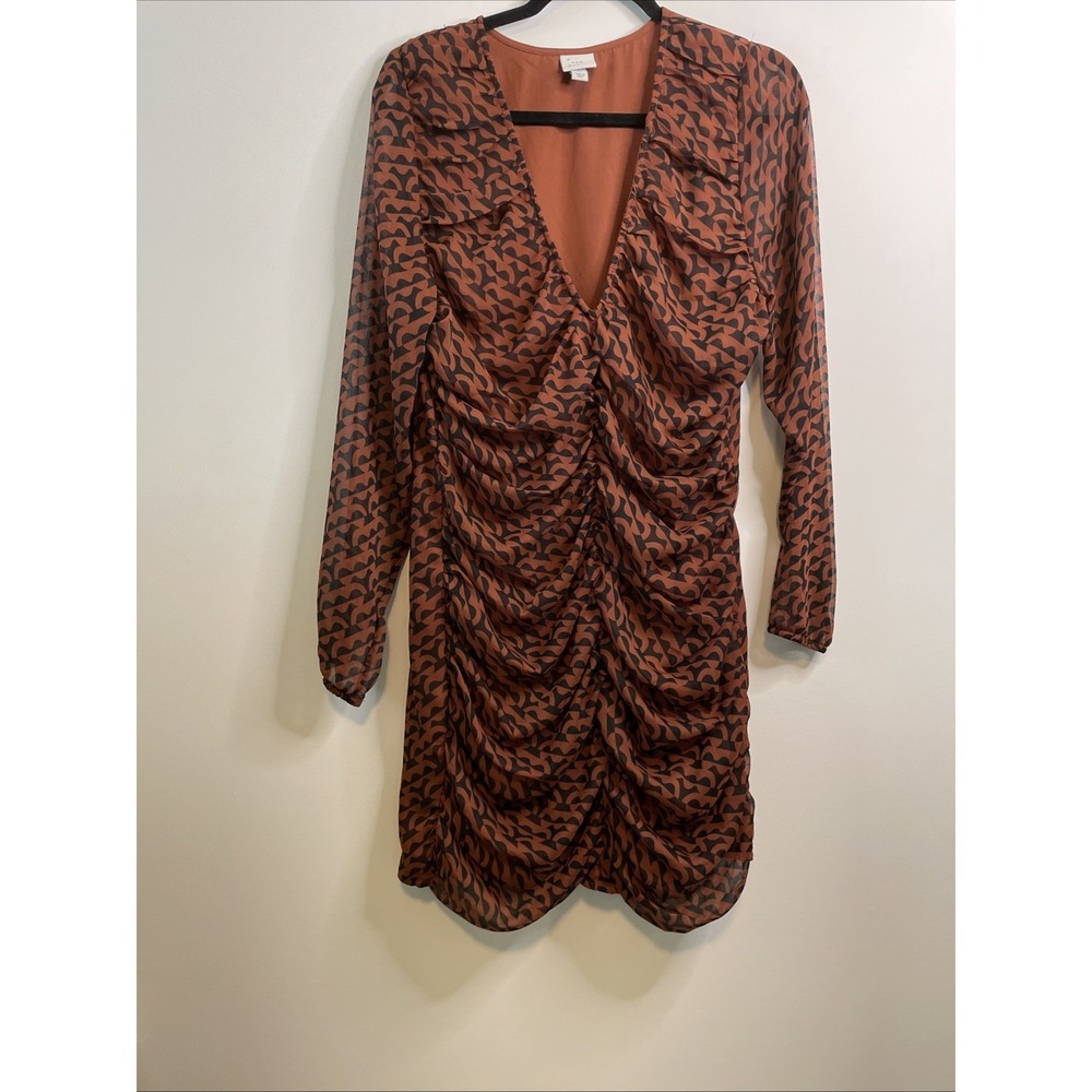 A New Day XL Rust Black‎ Faux Wrap Dress Side Zip Ruched Long Sleeve